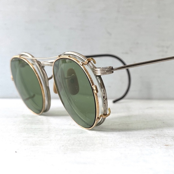 Vintage Other - SOLDonETSY AO Eyeglasses Round Wire Coil Metal Frame Green Clip Sunglasses